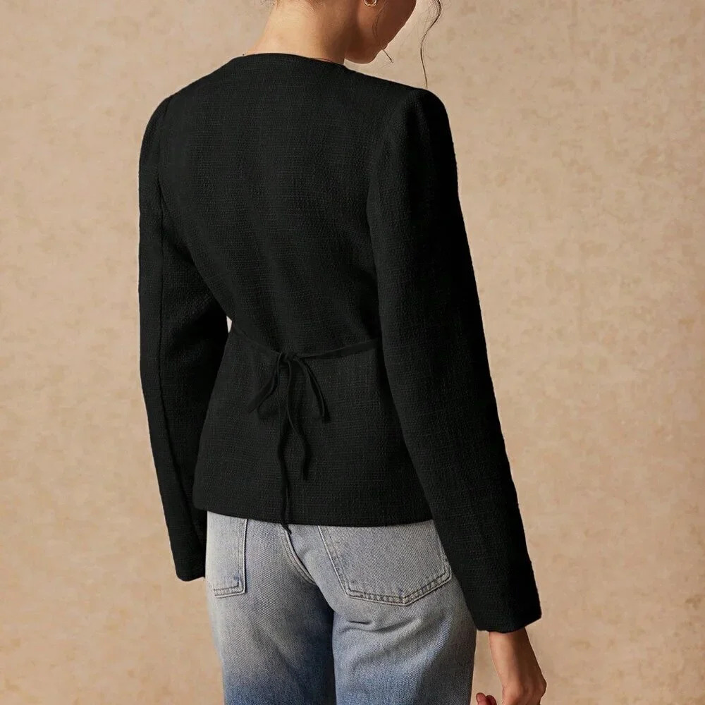 Black Elegant Women's Round Neck Split Cuff Jacket - Picture 3 of 7